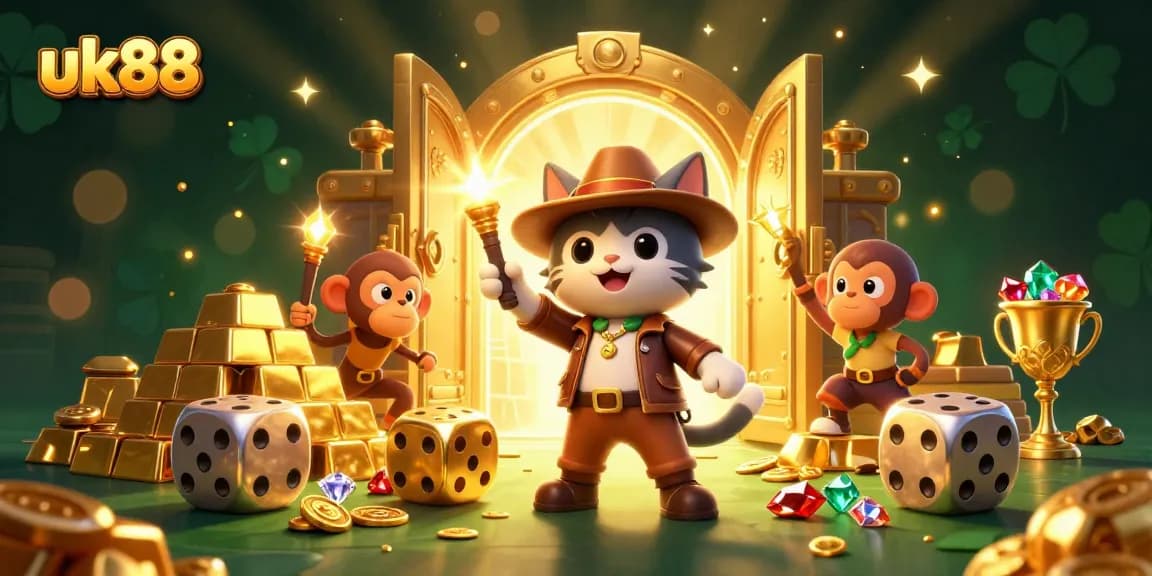 Join the excitement of uk88's casino discovery featuring an explorer cat and treasure!