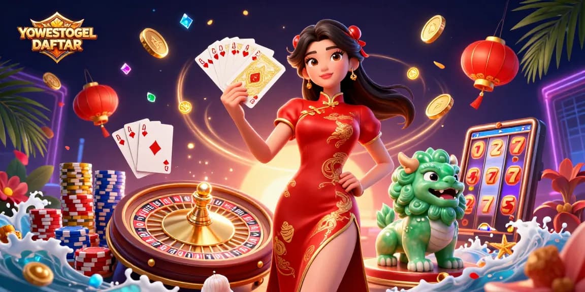 YOWESTOGEL DAFTAR showcases a thrilling casino scene with vibrant characters and dynamic game elements.