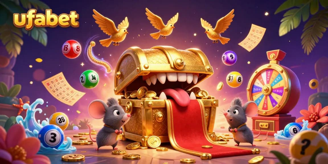 Experience thrilling ufabet gaming with golden treasures, vibrant lottery balls, and exciting prize elements.