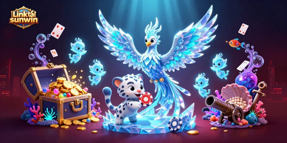 Engage with Link tải sunwin through an icy fantasy world featuring a phoenix and casino elements.