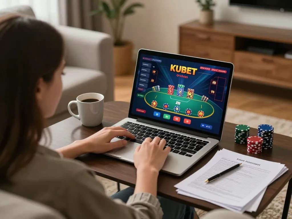 Player enjoying a kubet online poker game on a laptop in a cozy living room with strategy notes.