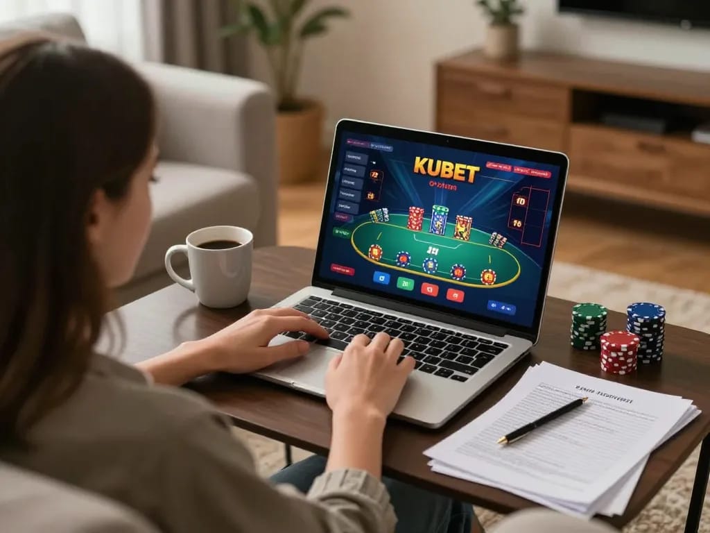 Player enjoying a kubet online poker game on a laptop in a cozy living room with strategy notes.