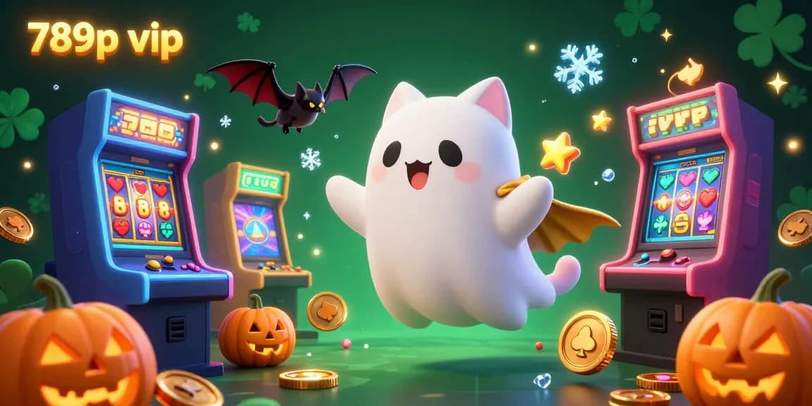 Engage with the dynamic world of 789p vip, featuring a friendly ghost cat and a vampire bat in a vibrant online casino.