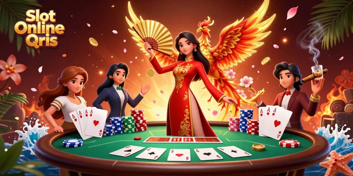 Engage with Slot Online Qris through this vibrant casino illustration featuring dynamic gaming elements.