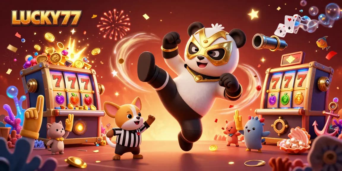 LUCKY77 brings excitement as a panda wrestler soars in a dynamic casino illustration.