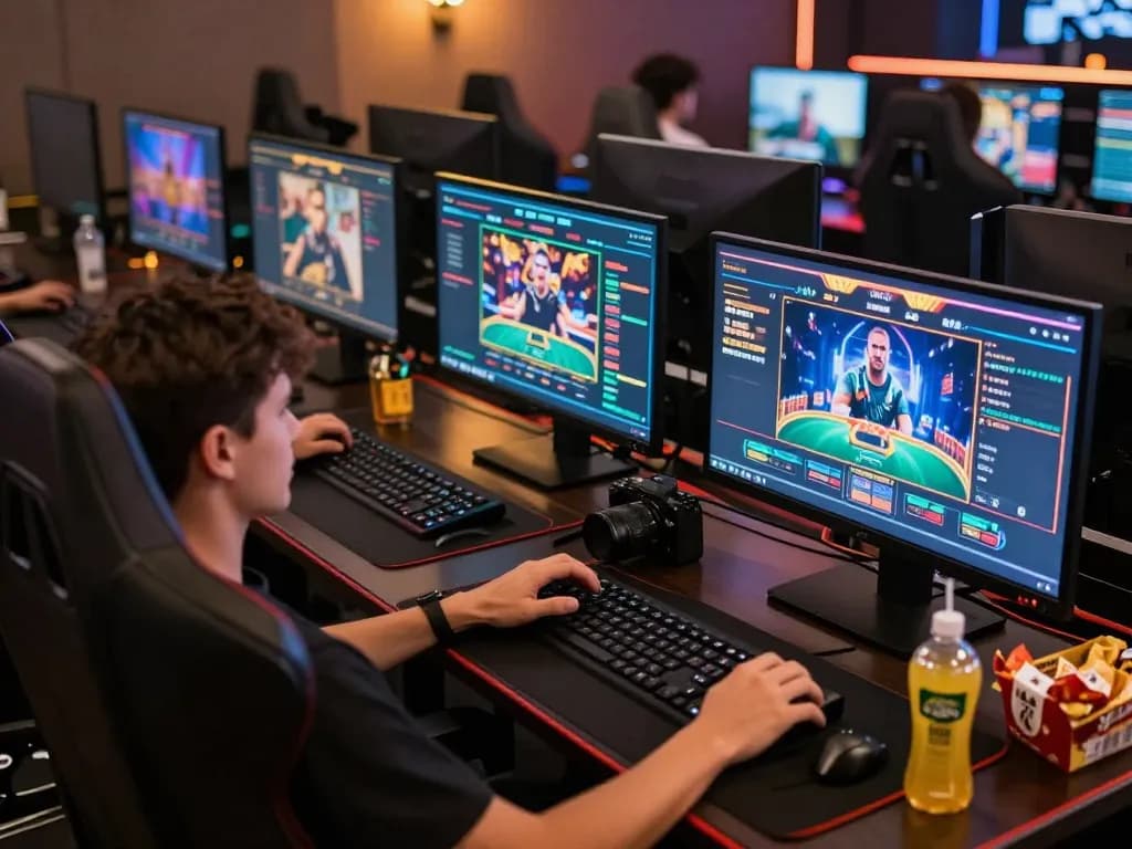 Engaging in online gaming strategy at a professional setup with Link Alternatif options visible on the screen.