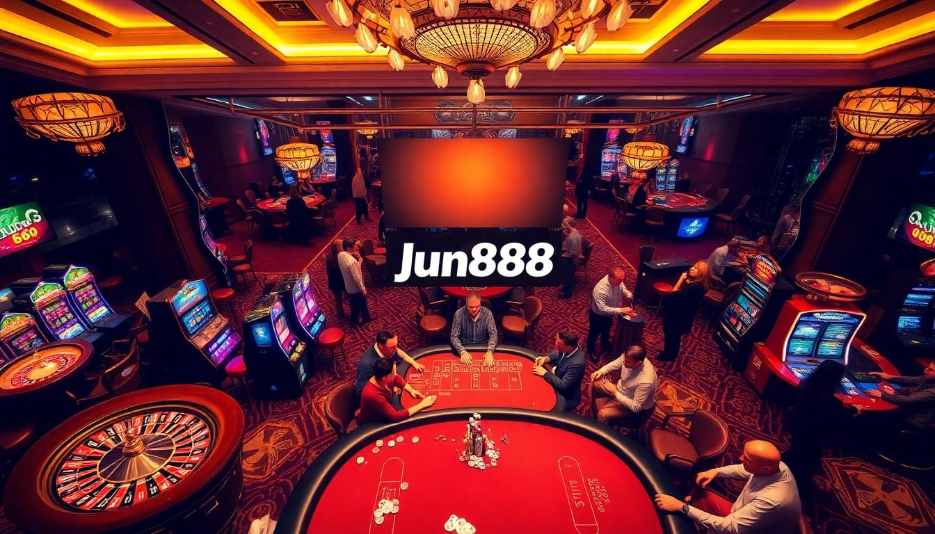 Jun888 players enjoying a luxurious casino atmosphere with poker tables and roulette wheels.