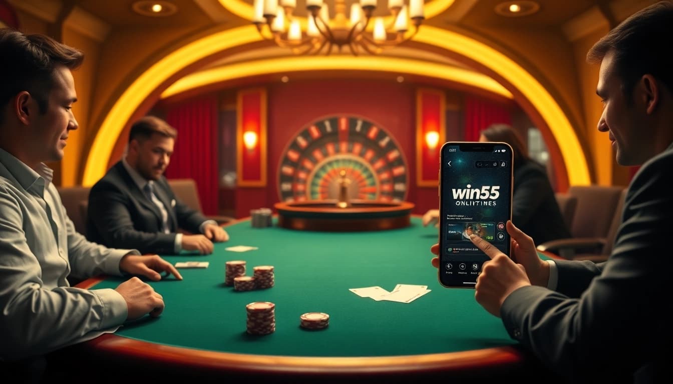 Experience thrilling gaming action at win55 online with vibrant casino tables and players engaged in high-stakes poker.