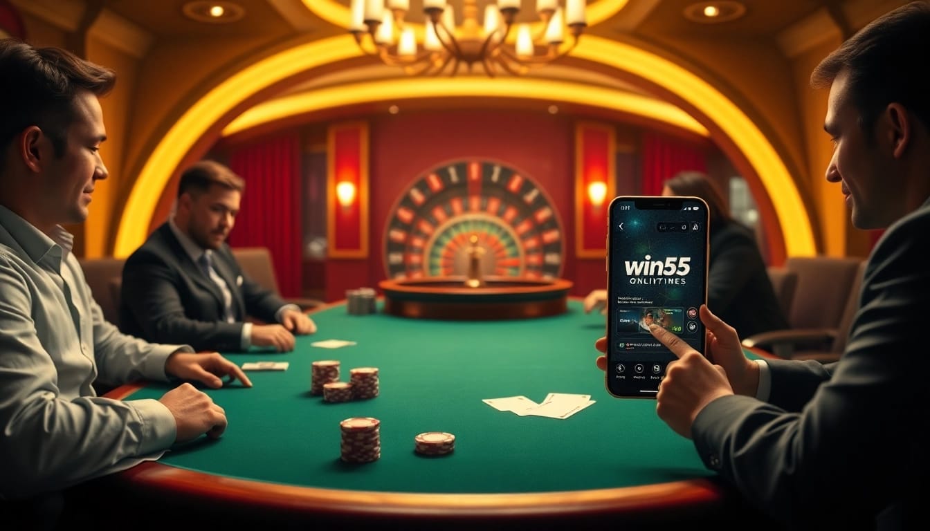 Experience thrilling gaming action at win55 online with vibrant casino tables and players engaged in high-stakes poker.