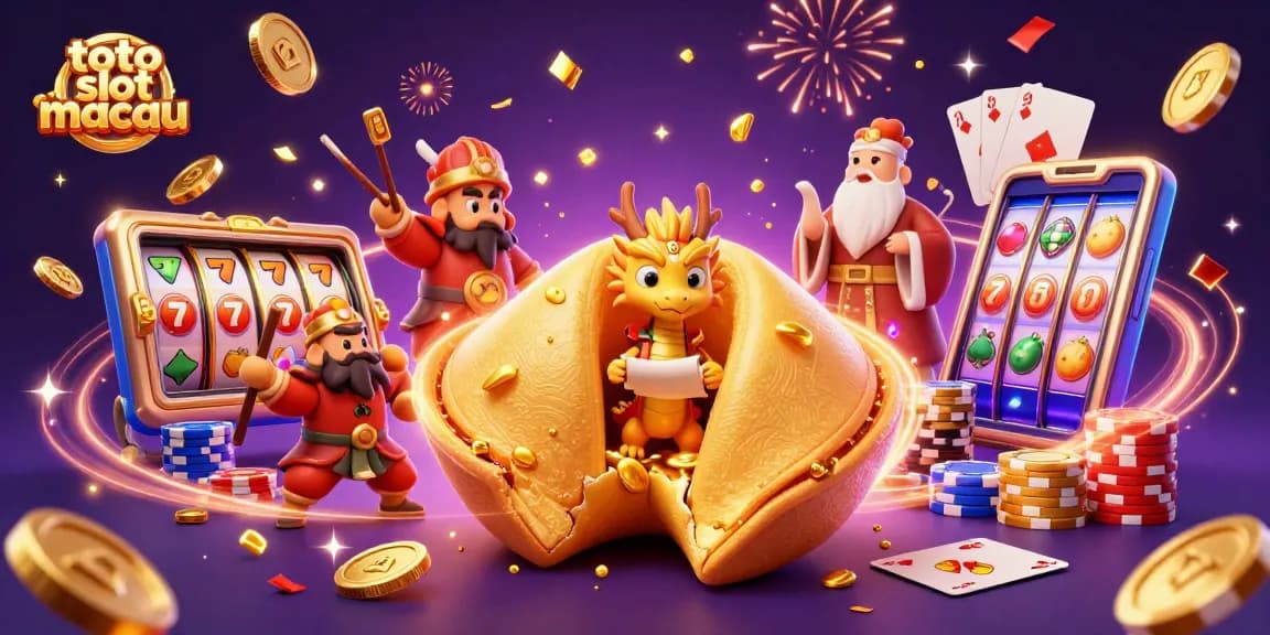 Win big on toto slot macau with a vibrant 3D illustration showcasing dynamic slot reels, golden coins, and festive elements.