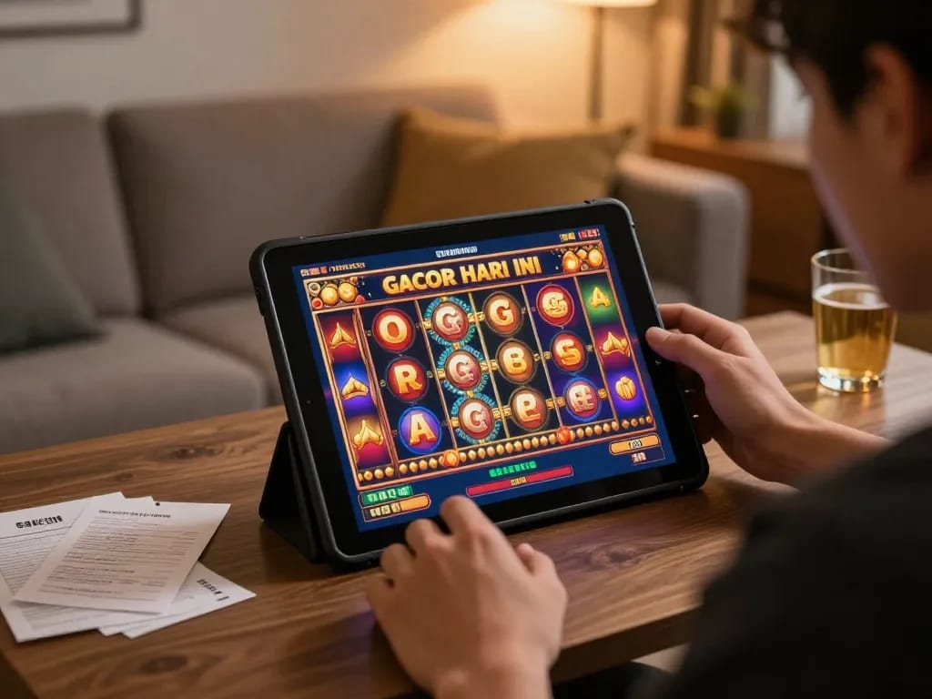 Engaging with slot gacor hari ini on a tablet at home, showcasing vibrant online gaming.