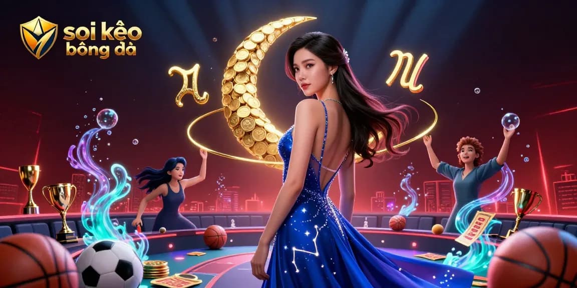 Soi kèo bóng đá scene featuring elegant Asian woman in stunning gown, dynamic sports elements, and vibrant atmosphere.