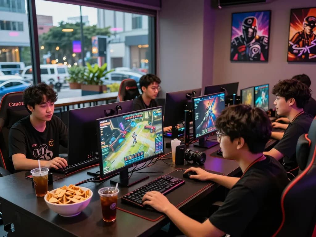 Esports betting Singapore scene in an urban café with gamers cheering during competitive matches.