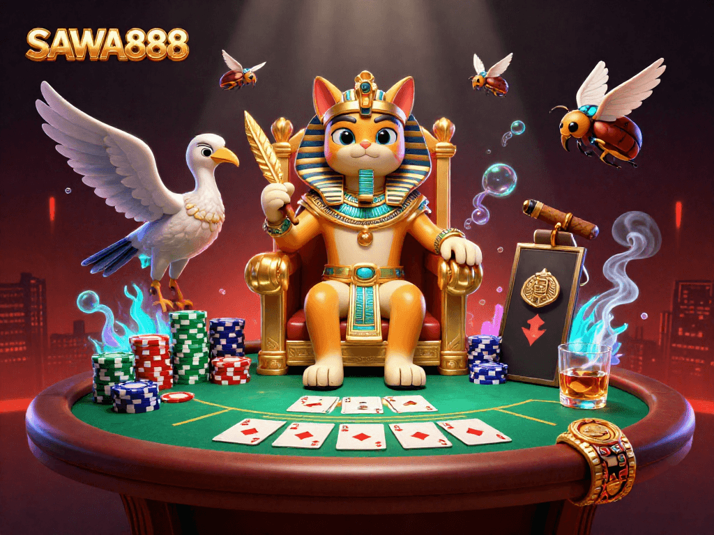 Experience the excitement of SAWA888 with legendary Egyptian characters in a casino scene.