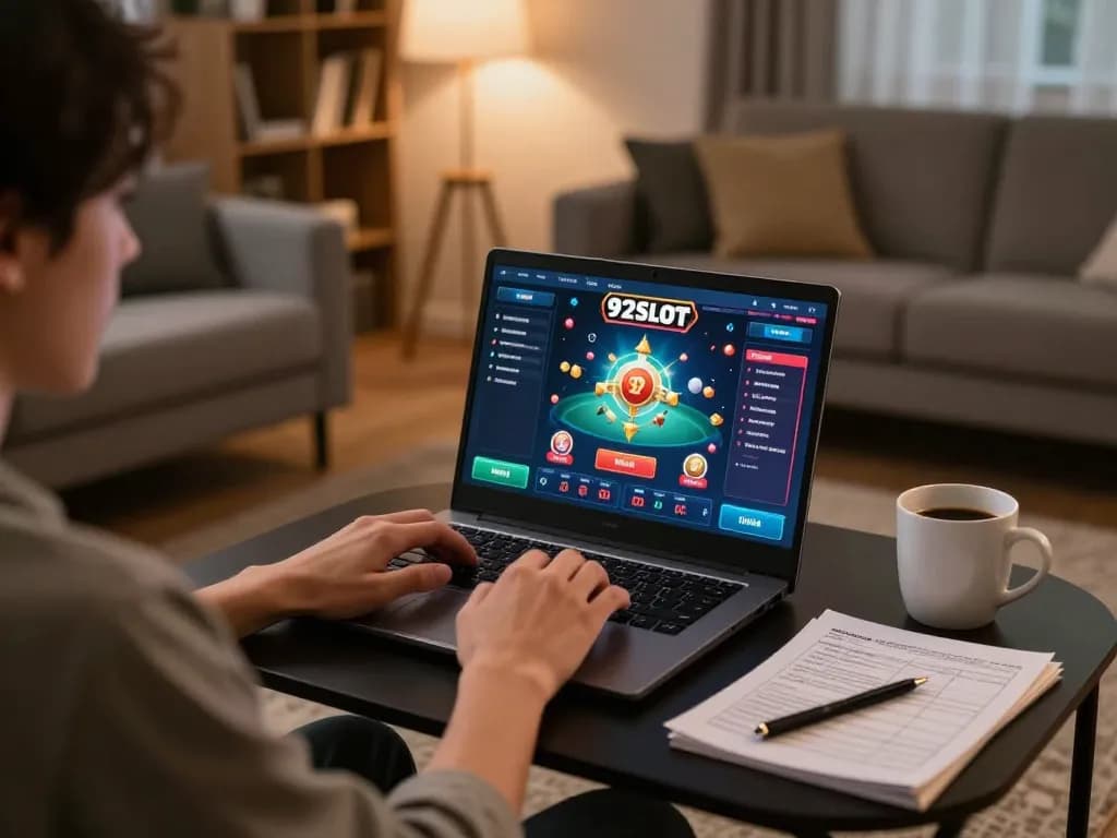 Engaged user playing 92slot online casino game on laptop in cozy home setup.