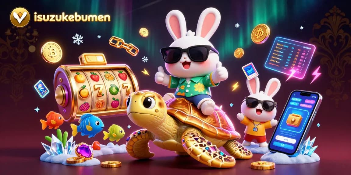 Spin and win with isuzukebumen's lucky rabbit and golden turtle in a vibrant casino scene.