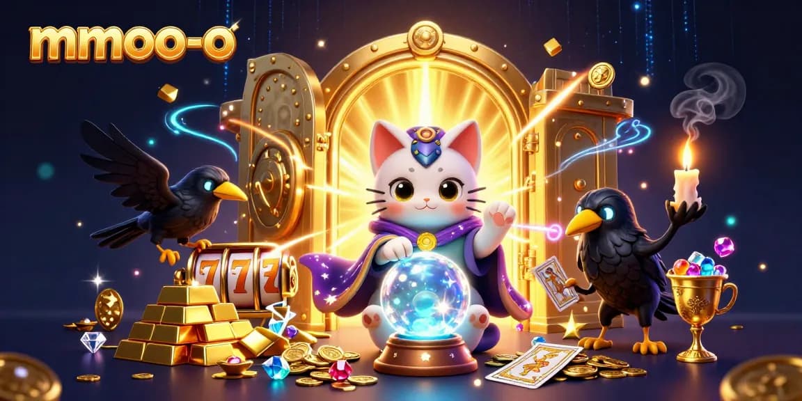 Win big with mmoo-o's captivating fortune teller cat and magical casino scene.