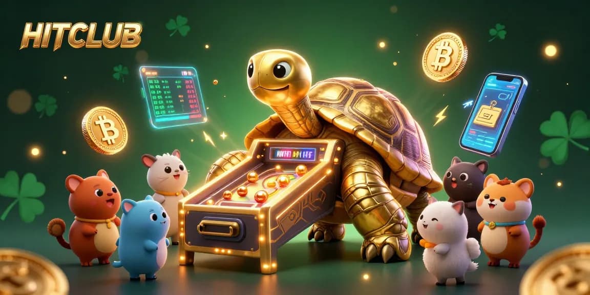 Experience thrilling wins with HITCLUB's vibrant casino-themed 3D illustration featuring a golden tortoise pinball.