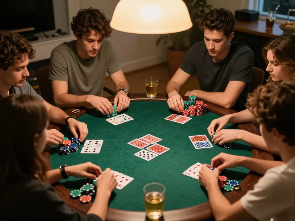 Engaging friends playing NSFW games during a home poker night with vibrant chips and cards