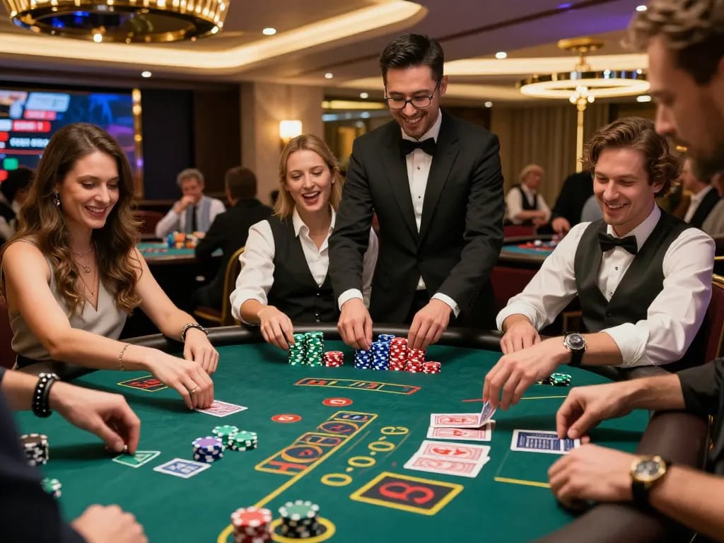 Players engaged in an intense BJ88 blackjack game, showcasing excitement and competitive spirit.