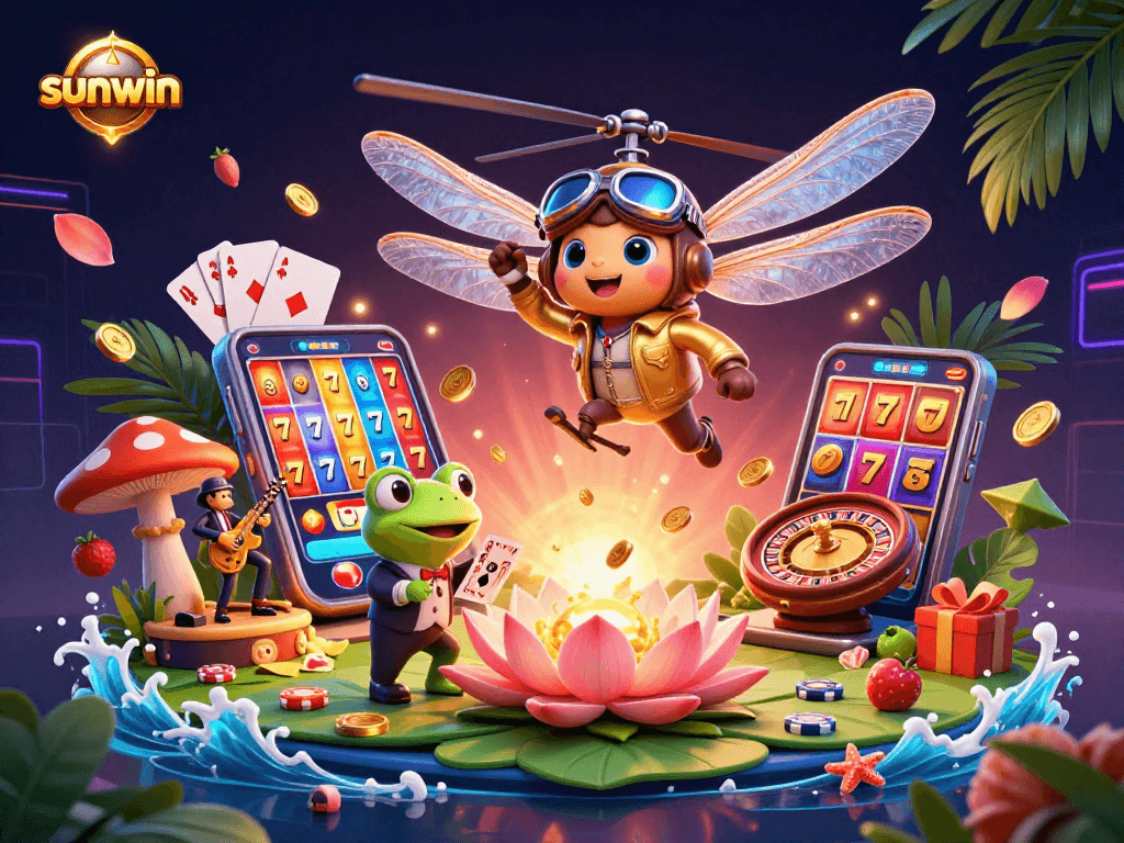 Experience the excitement of sunwin with vibrant characters and dynamic casino elements in this stunning illustration.