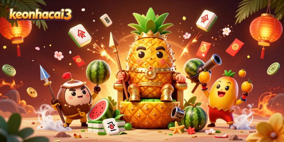 Engage with keonhacai3's vibrant golden pineapple king and cheerful mango jester in an action-packed beach casino.