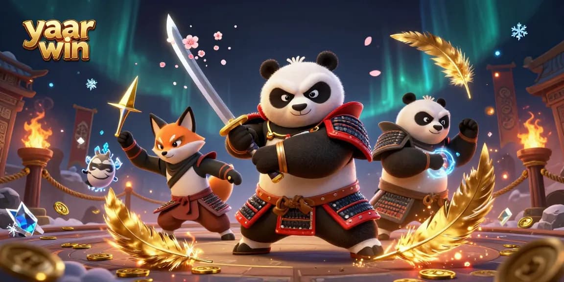 Experience yaar win excitement with a samurai panda and ninja fox in a vibrant casino scene.