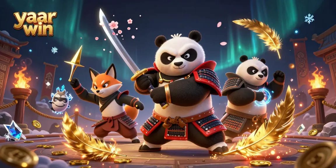 Experience yaar win excitement with a samurai panda and ninja fox in a vibrant casino scene.