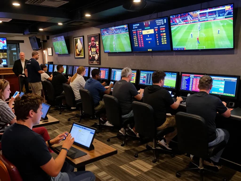 Engaged bettors placing bets on keonhacai sports betting, dynamic screens behind them displaying live odds and games