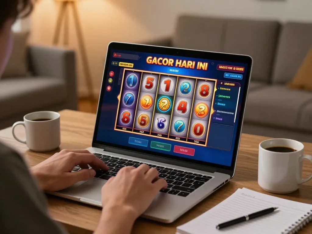 Engaging in slot gacor hari ini gaming on a laptop with vibrant graphics in a cozy living room.