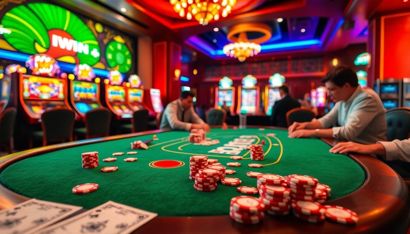 IWIN casino players engaged in a high-stakes poker game at a luxurious gaming table.