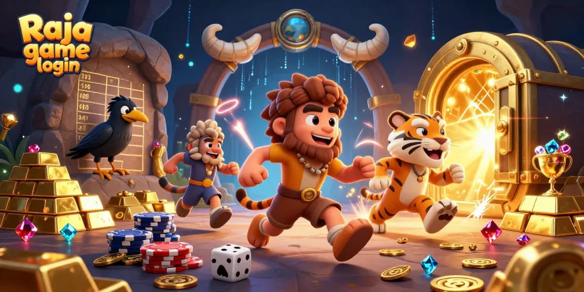 Experience the thrill of Raja game login with a lively cartoon casino scene filled with exciting elements.