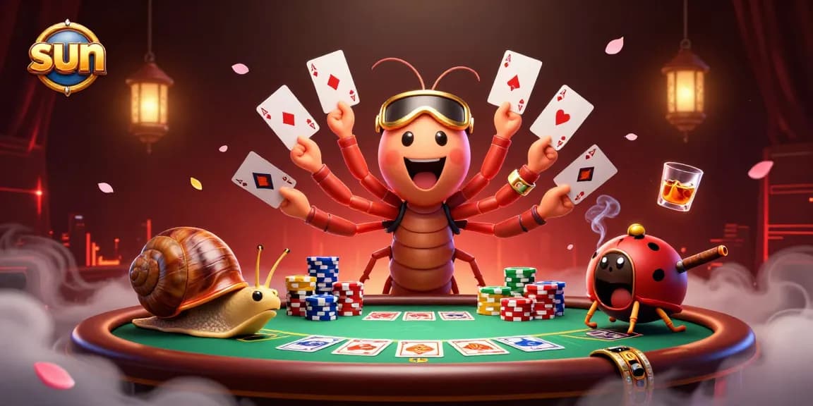 sun-themed illustration of lively casino scene with colorful poker elements.