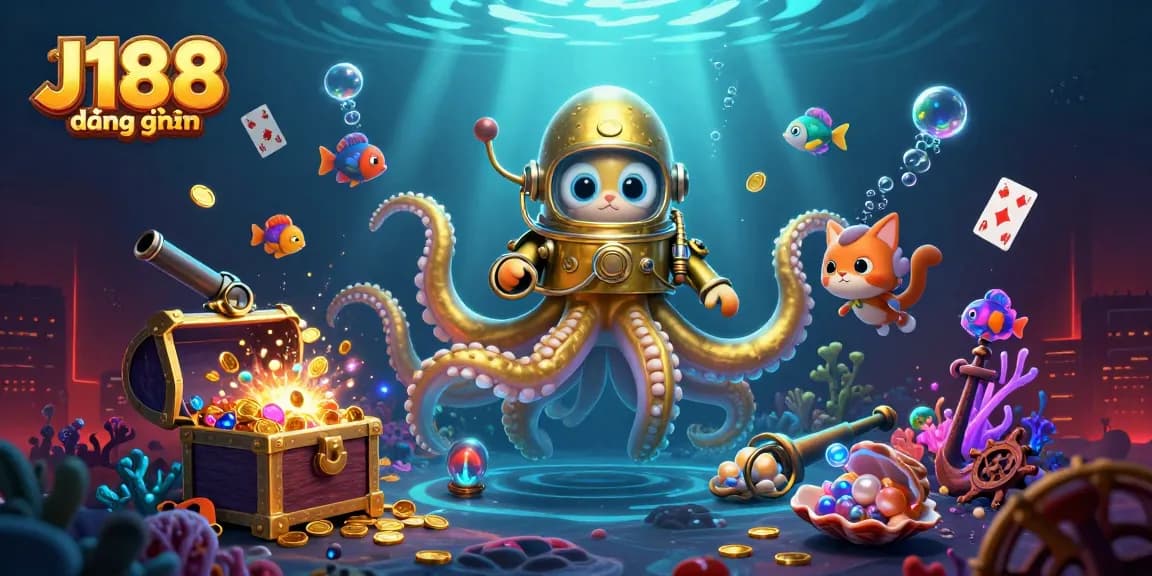 Experience thrilling J188 đăng nhập with a kraken, diving cat, and ocean treasures.