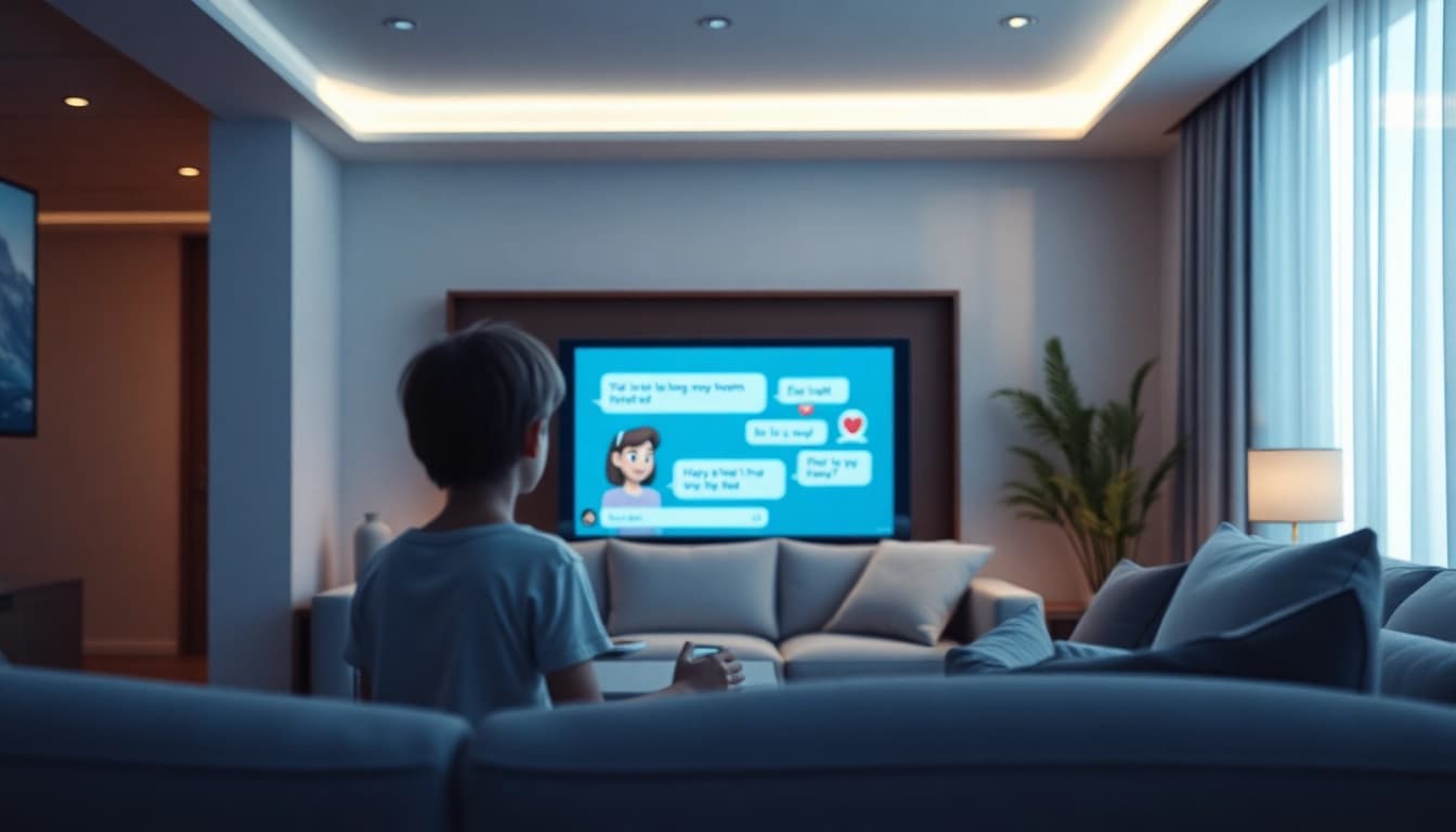 Engaging AI porn chat interface in a cozy setting with animated character.