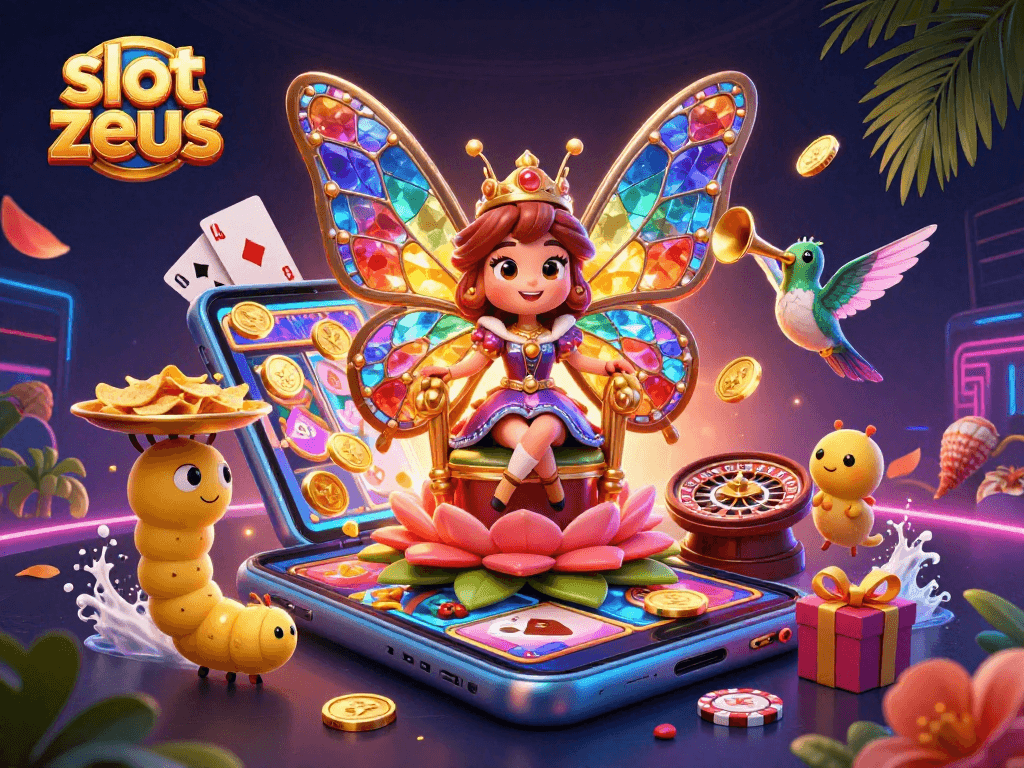 Play slot zeus with vibrant, dynamic illustrations showcasing a butterfly queen in a richly detailed casino setting.