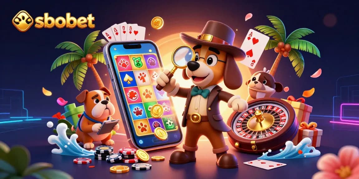 Sbobet enhances your gaming with a thrilling scene of a detective and bulldog exploring casino treasures.