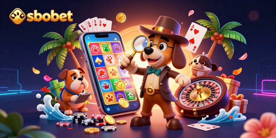Sbobet enhances your gaming with a thrilling scene of a detective and bulldog exploring casino treasures.