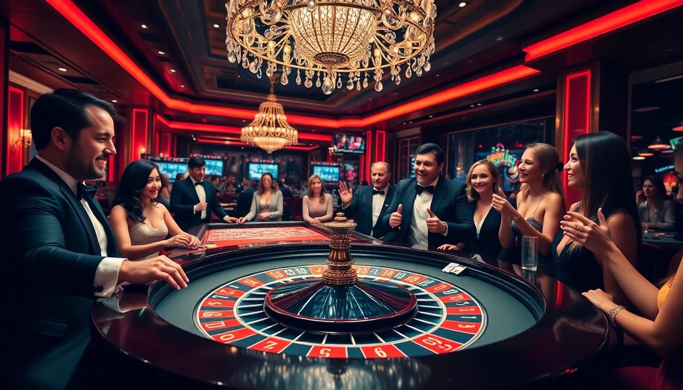 Players at a roulette table celebrate winnings at https://rr88co.net/, showcasing luxury and casino excitement.