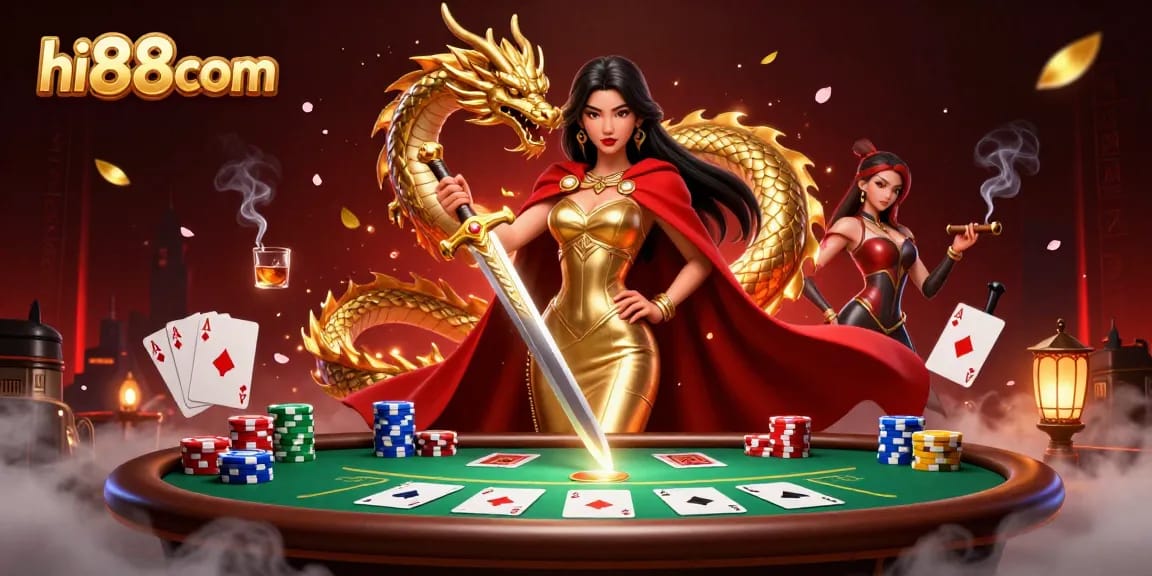 Engage in high-stakes poker action at hi88com with a striking warrior queen and vibrant casino elements.