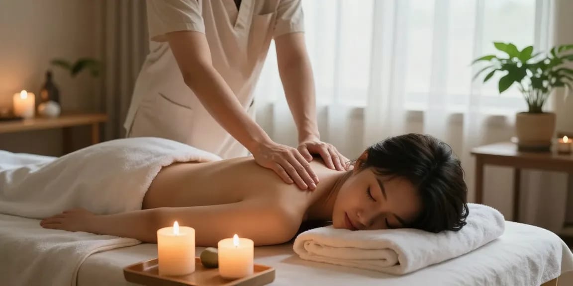청량리출장안마 중인 마사지 테이블과 편안한 색채로 아늑한 실내 모습