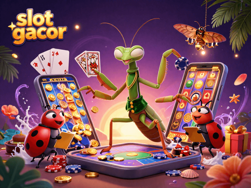 Play slot gacor games as the mantis card sharp and ladybug pit boss entertain in a vibrant casino scene.
