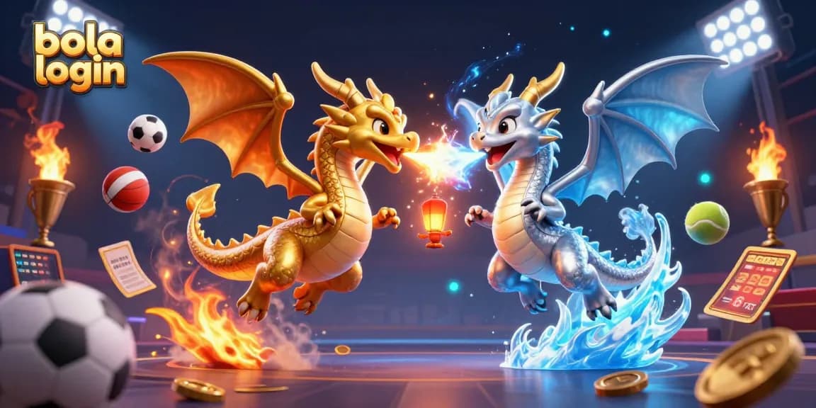 Experience excitement with bola login on a dynamic sports betting scene featuring 3D dragons and sports elements.