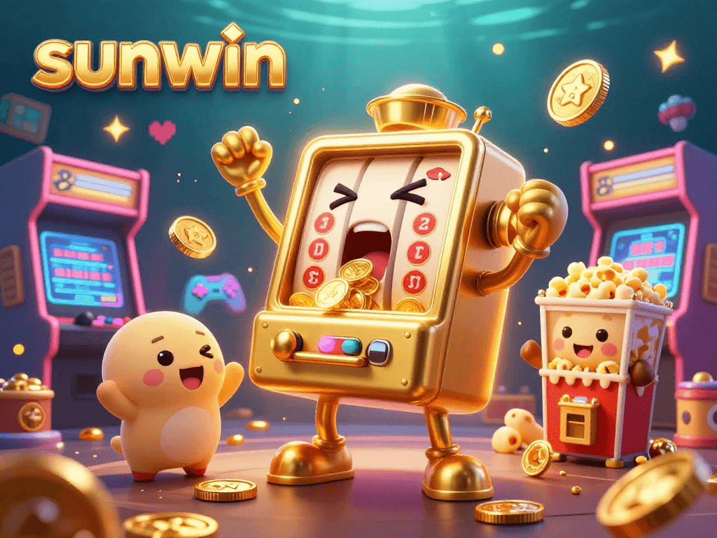 Witness the sunwin slot machine hitting jackpots amid a vibrant gaming environment in 3D.