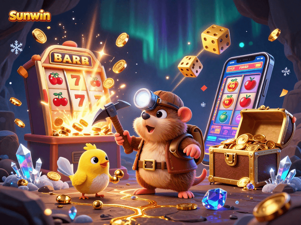 Spin and win with sunwin at this dynamic casino scene featuring a treasure hunter and exciting jackpots.