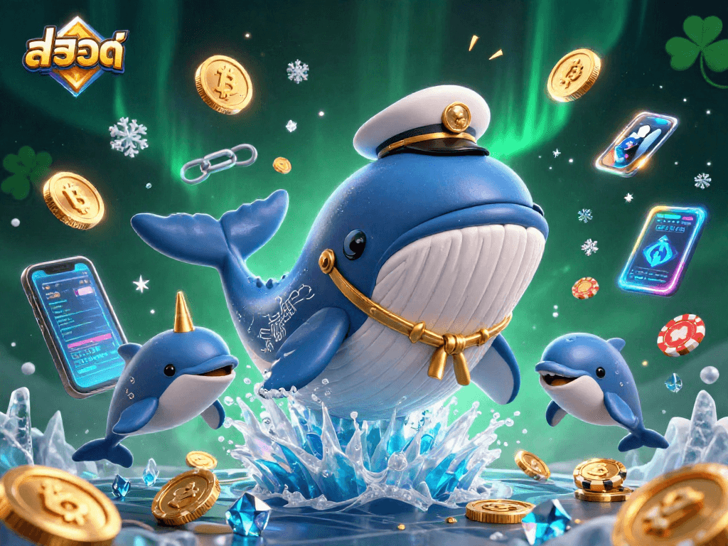 Engage in สล็อต gaming with a vibrant 3D scene featuring a whale, narwhal, and dolphins amidst coins.