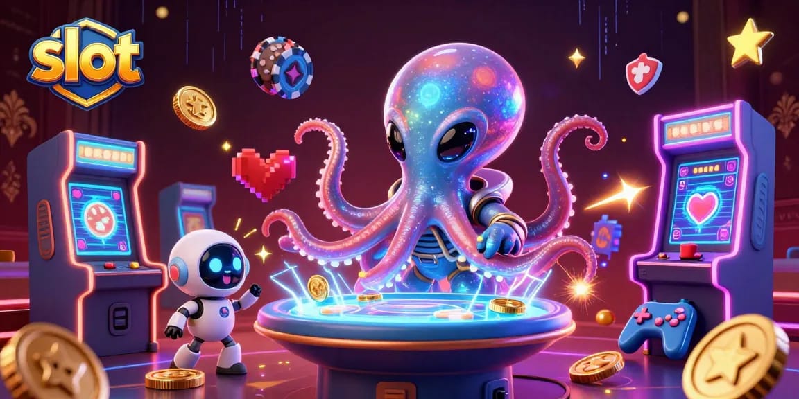 Mengoperasikan mesin slot, alien gurita bercahaya dikelilingi koin emas dan permainan arcade