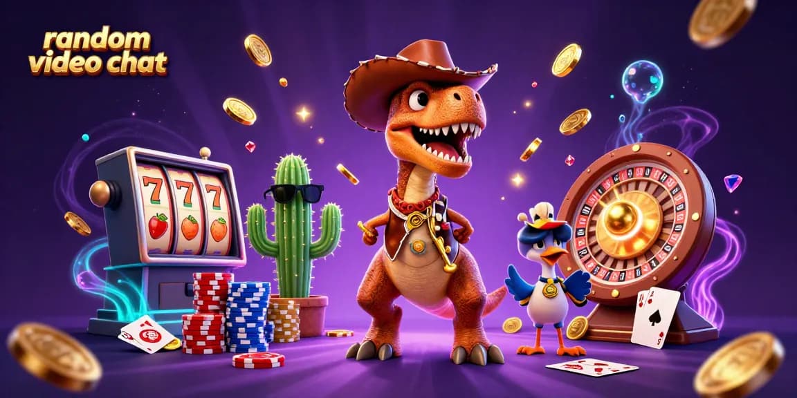 Experience random video chat excitement with vibrant slot machines, cowboy dinosaur characters, and gold coin cascades.
