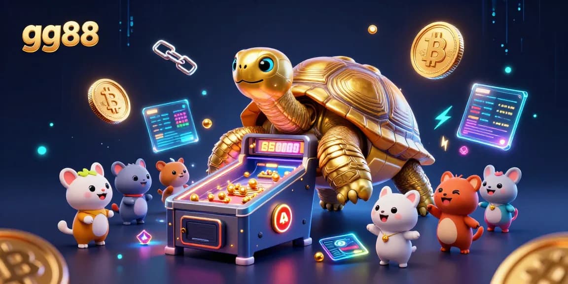 Experience thrilling gaming adventures at gg88 with a 3D tortoise pinball machine among crypto coins.
