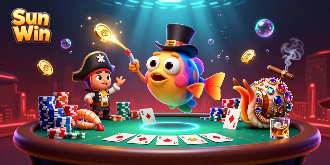 Win big with Sun Win casino games in this vibrant 3D illustration featuring dynamic characters and poker elements.